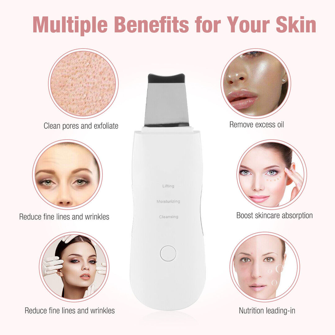 Ultrasonic Skin Scrubber Deep Face Cleaning Machine Peeling Shovel Facial Pore Cleaner Face Skin Scrubber Lift Beauty Instrument Ultrasonic Facial Scrubber Pore Blackhead Remover Spatula Deep Skin Spa