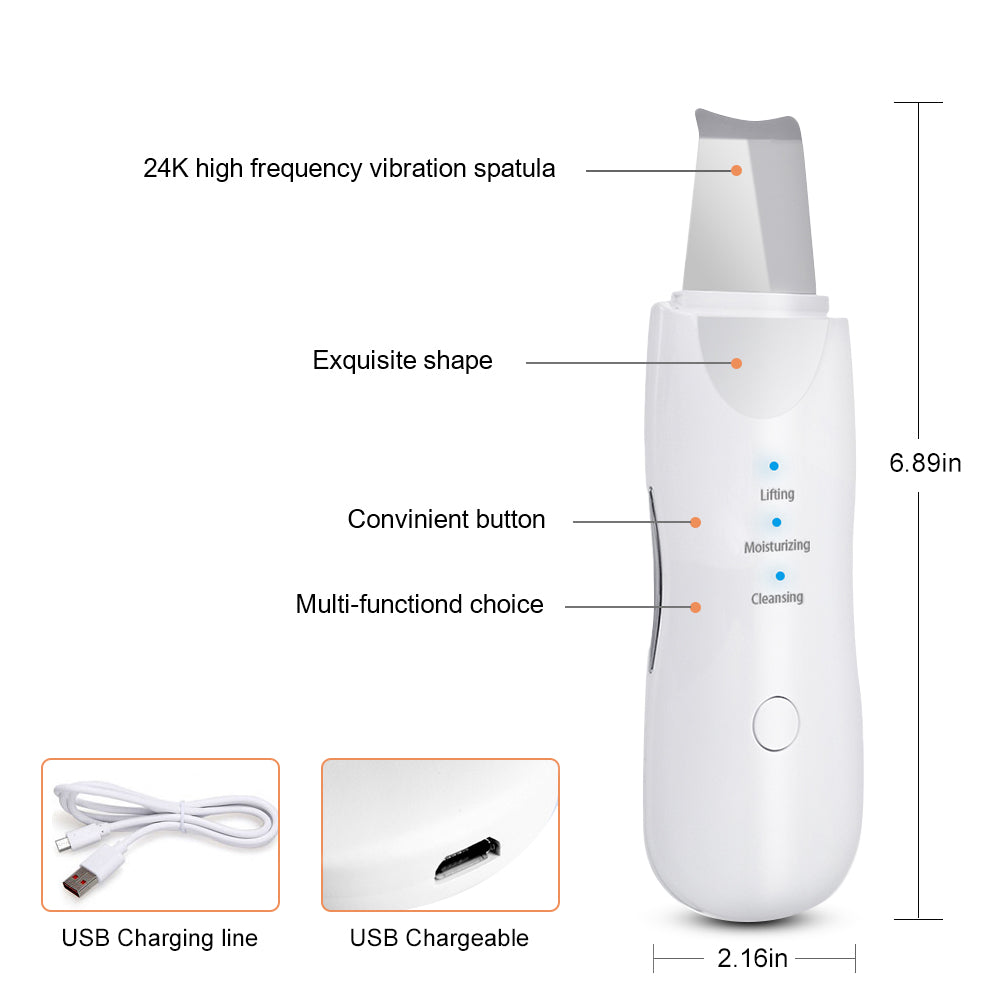 Ultrasonic Skin Scrubber Deep Face Cleaning Machine Peeling Shovel Facial Pore Cleaner Face Skin Scrubber Lift Beauty Instrument Ultrasonic Facial Scrubber Pore Blackhead Remover Spatula Deep Skin Spa